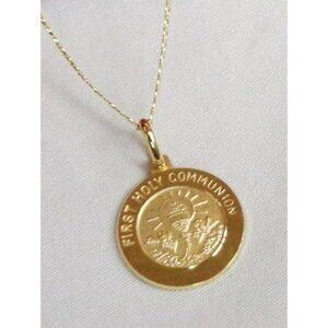 10K Real Gold First Holy Communion Pendant 20" Curb Religious Medallion Necklace